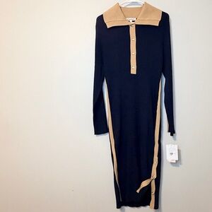Nanette Lepore Navy and Tan Button Sweater Maxi Dress